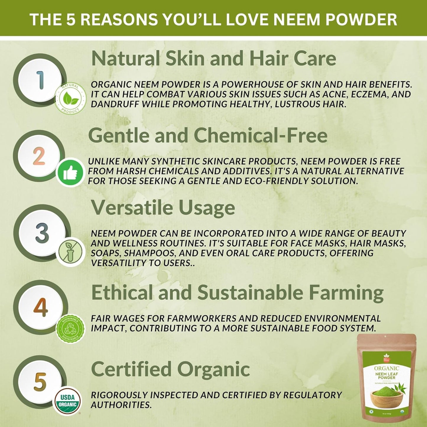 4 oz. Spicy Organic Neem Powder - USDA Certified, Non-GMO, Fresh Dried Leaves - Hair, Skin, Overall Wellbeing