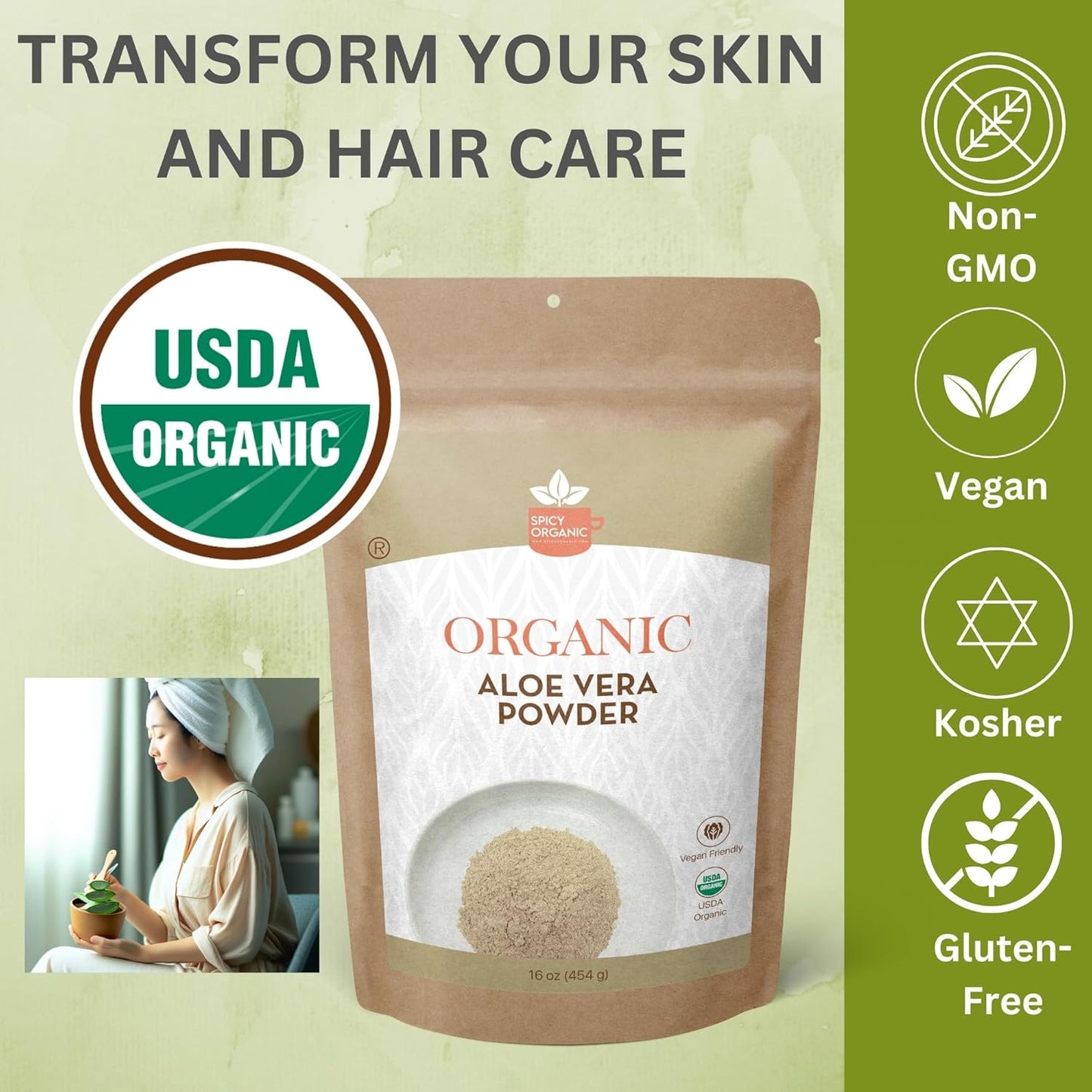 4 oz. USDA Certified Organic Aloe Vera Powder for Skin & Hair - Aloe Barbadensis - Nourishing Face Mask for Natural Beauty - Non-GMO - Spicy Organic