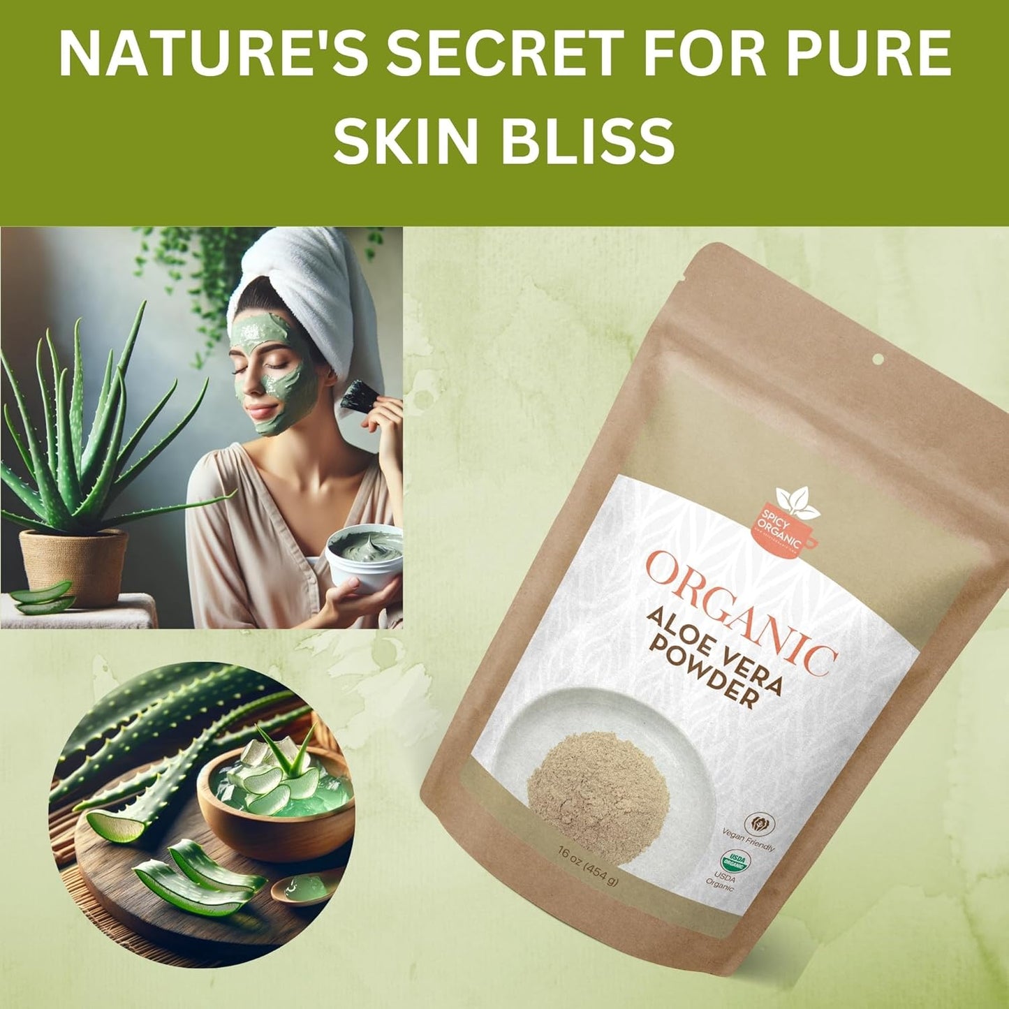 4 oz. USDA Certified Organic Aloe Vera Powder for Skin & Hair - Aloe Barbadensis - Nourishing Face Mask for Natural Beauty - Non-GMO - Spicy Organic