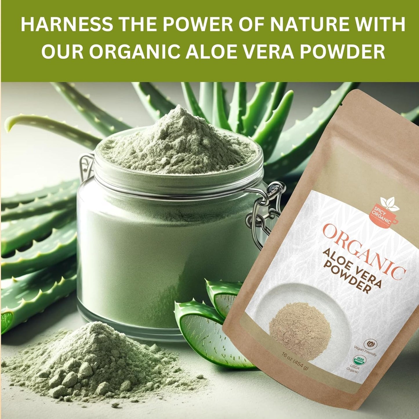 4 oz. USDA Certified Organic Aloe Vera Powder for Skin & Hair - Aloe Barbadensis - Nourishing Face Mask for Natural Beauty - Non-GMO - Spicy Organic