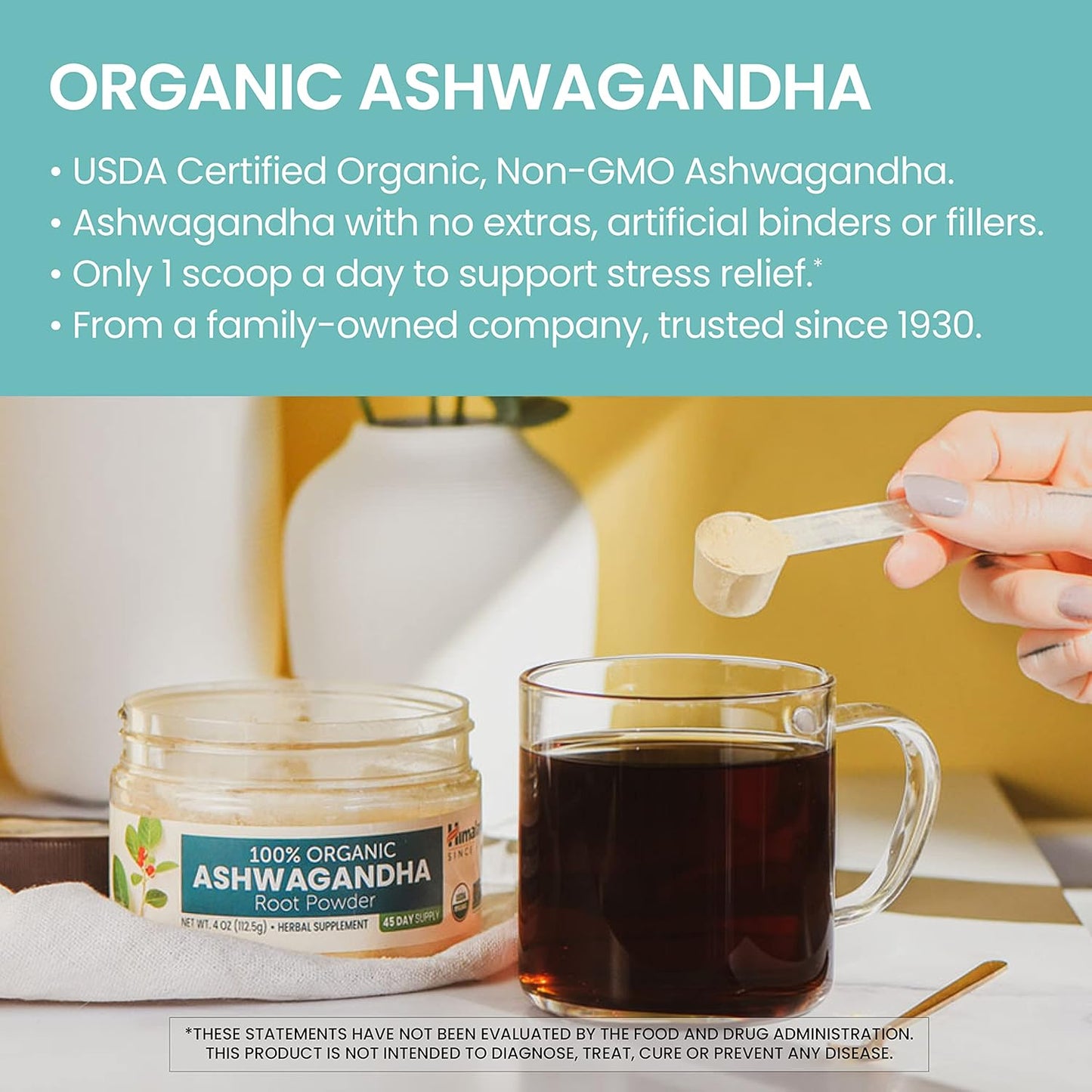 4 Oz USDA Certified Organic Ashwagandha Root Powder Herbal Supplement for Relaxation, Stress Relief, and Energy - Non-GMO, Vegan, Flavorless - 45 Day Supply