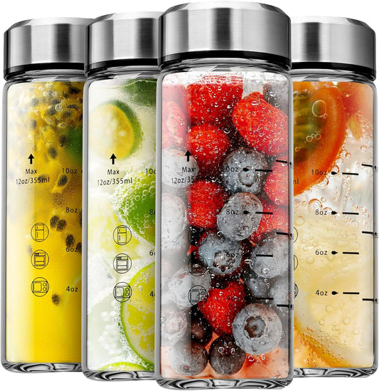4 Pack 12oz Wide Mouth Glass Juice Bottles with Lids - Perfect for Juicing, Smoothies, Infused Water - BPA Free, Leakproof, Reusable - Borosilicate Glass