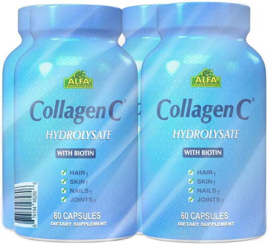 4 Pack ALFA VITAMINS CollagenC Hydrolysate Capsules with Biotin & Vitamin C - 60 Capsules per Bottle for Skin, Hair, Nails, Immune & Joint Support - BoostGo Australia