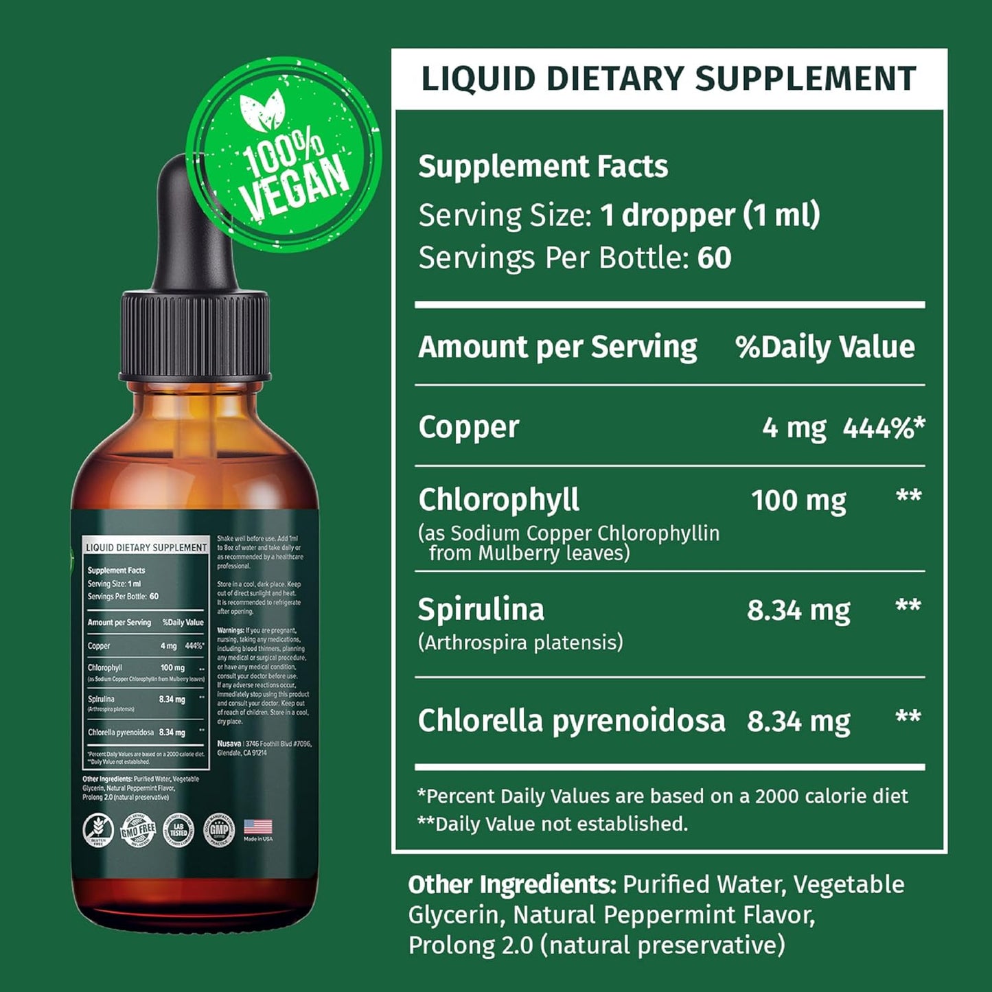 4-Pack NUSAVA Vegan Chlorophyll Liquid Drops 7000mg - Immune Support, Energy Boost, Gut & Skin Health - Internal Deodorant with Spirulina, Chlorella, & Copper - 8 Fl Oz