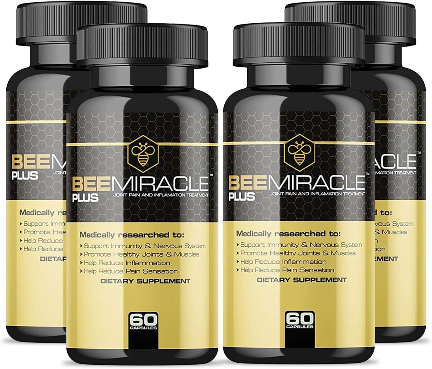 4 Pack of BEE MIRACLE PLUS Glucosamine and Apitoxin Supplement for Joint and Muscle Support with 60 Capsules