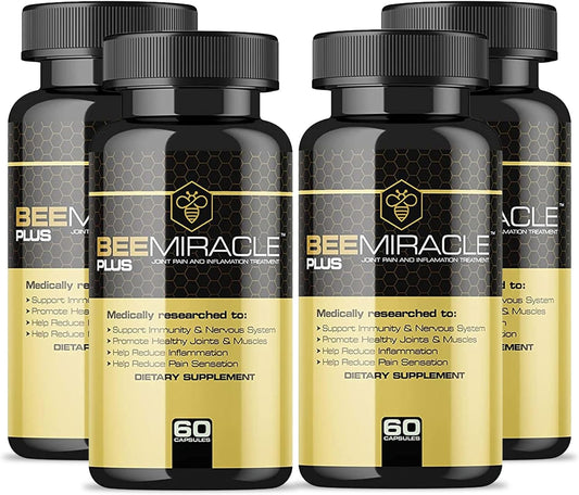 4 Pack of BEE MIRACLE PLUS Glucosamine and Apitoxin Supplement for Joint and Muscle Support with 60 Capsules