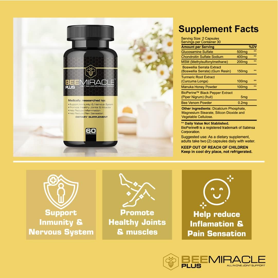 4 Pack of BEE MIRACLE PLUS Glucosamine and Apitoxin Supplement for Joint and Muscle Support with 60 Capsules