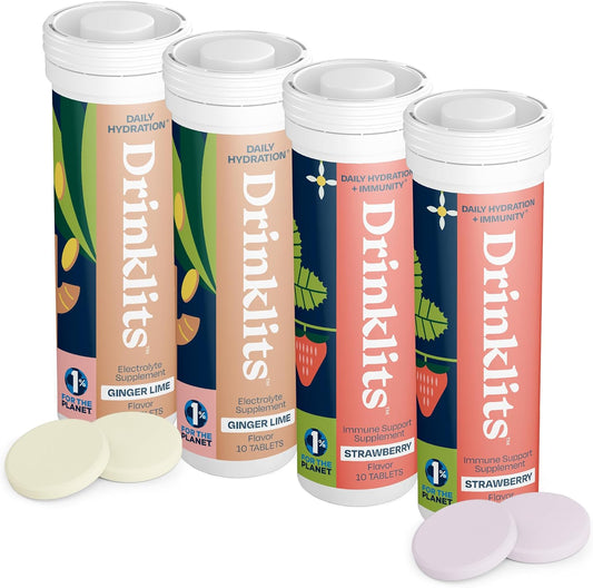 4-Pack of Drinklits Ginger-Lime Hydration Electrolytes & Strawberry Immune Support Tablets - Gluten Free - Great Taste - 40 Servings