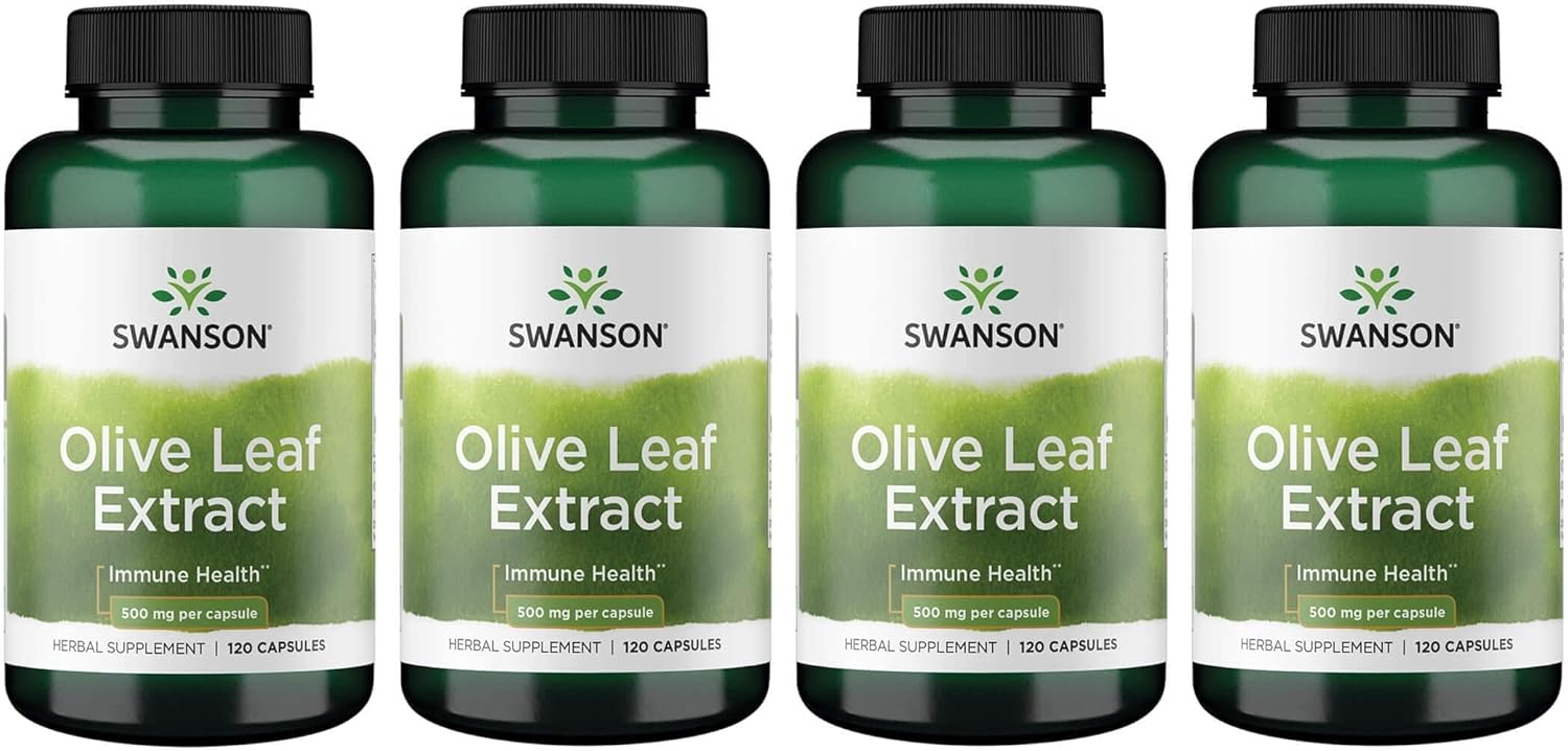 4 Pack of Swanson Olive Leaf Extract Capsules - 2 Bottles of 120 Capsules (500mg Each) - High Oleuropein Content