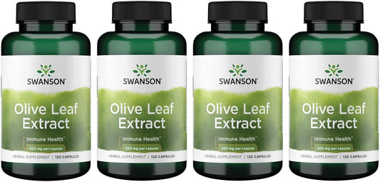 4 Pack of Swanson Olive Leaf Extract Capsules - 2 Bottles of 120 Capsules (500mg Each) - High Oleuropein Content
