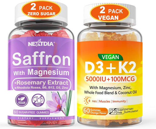 4-Pack Saffron and Vegan Vitamin D3 K2 Gummies with Whole Food Blend