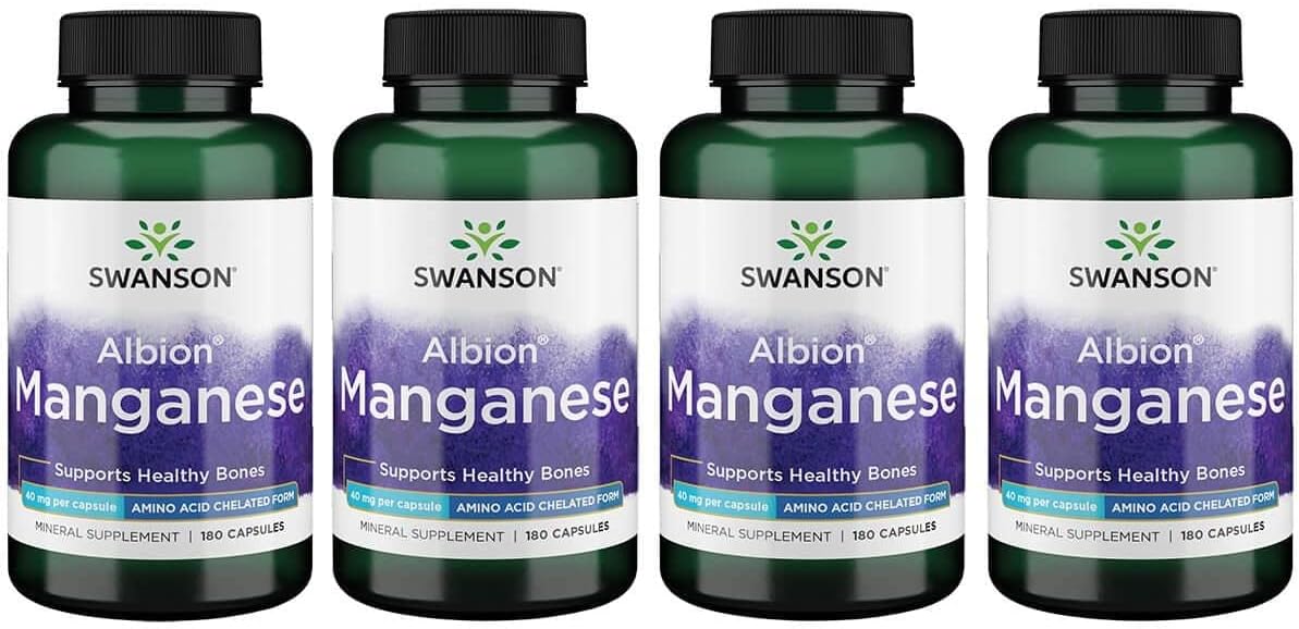 4 Pack Swanson Albion Chelated Manganese Glycinate 40mg 180 Capsules - High Absorption Mineral Supplement