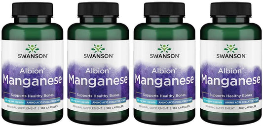 4 Pack Swanson Albion Chelated Manganese Glycinate 40mg 180 Capsules - High Absorption Mineral Supplement