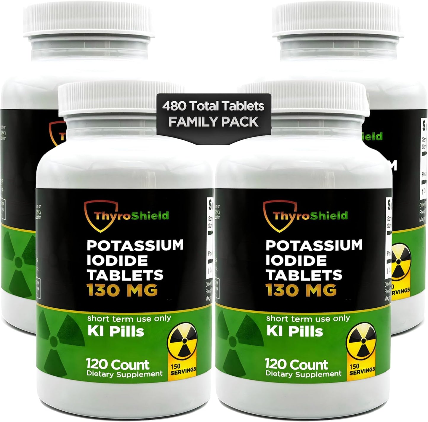 4 Pack ThyroShield Radiation Tablets - 480 Potassium Iodide 130mg KI Pills