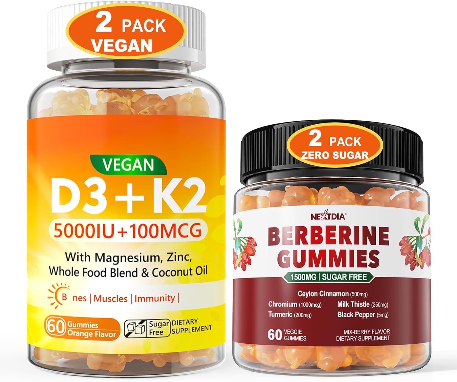 4-Pack Vegan Vitamin D3 5000IU K2 & Berberine Supplement 1500mg Gummies