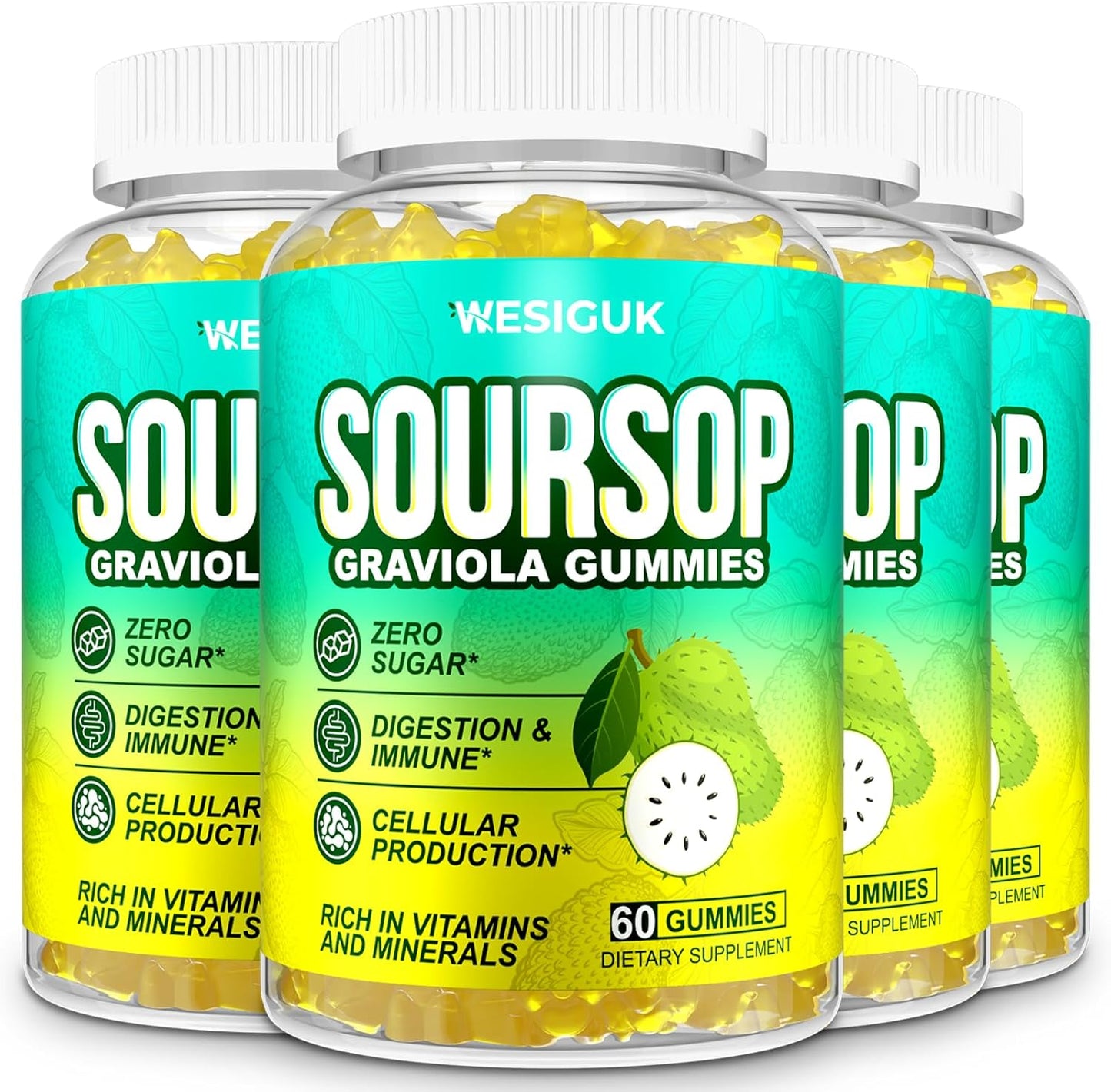 4-Pack Wesiguk Soursop Graviola Gummies with Sea Moss, Turmeric - Max Strength for Immunity & Antioxidant Support, Vegan & Gluten-Free