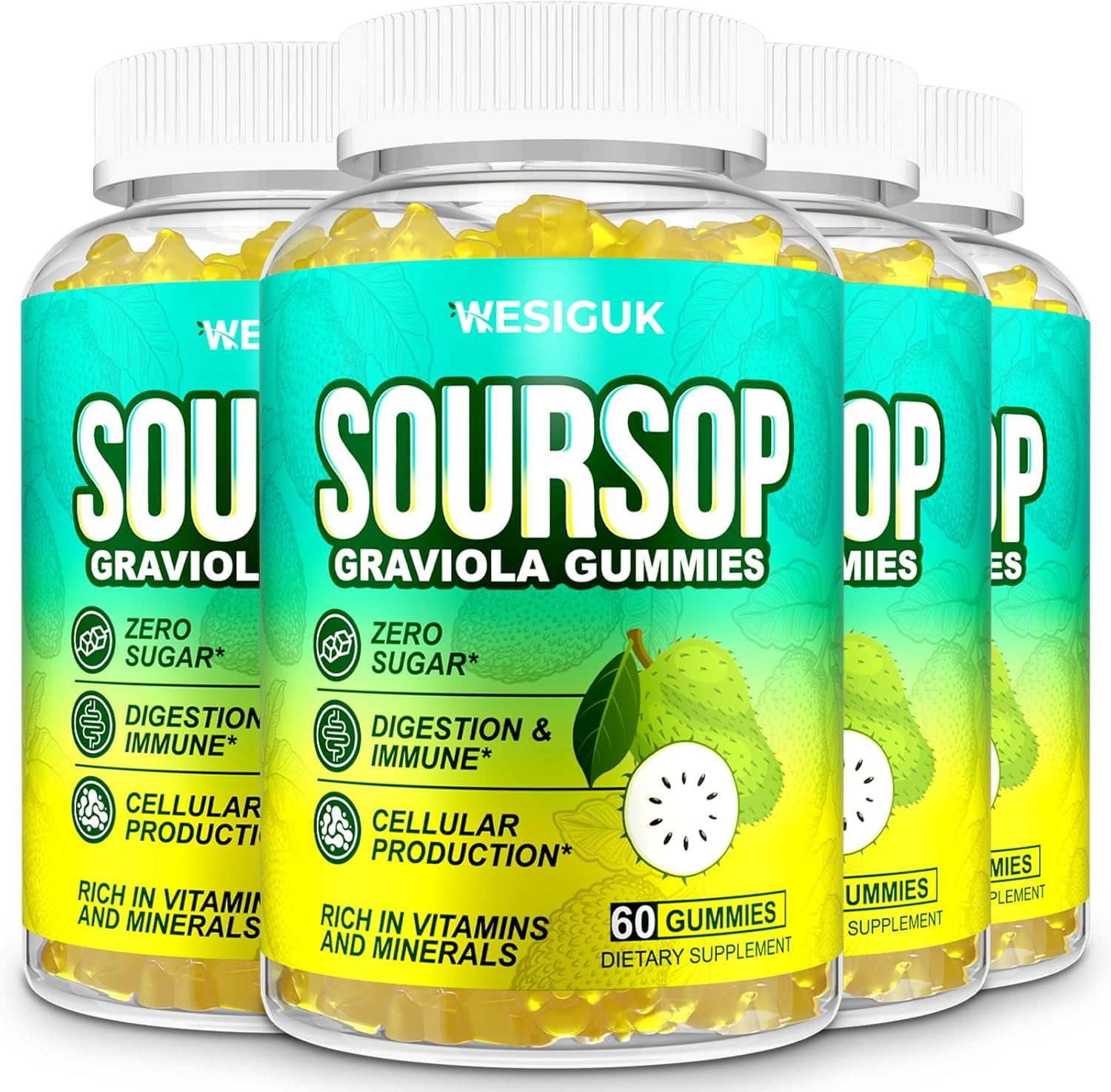 4-Pack Wesiguk Soursop Graviola Gummies with Sea Moss, Turmeric - Max Strength for Immunity & Antioxidant Support, Vegan & Gluten-Free