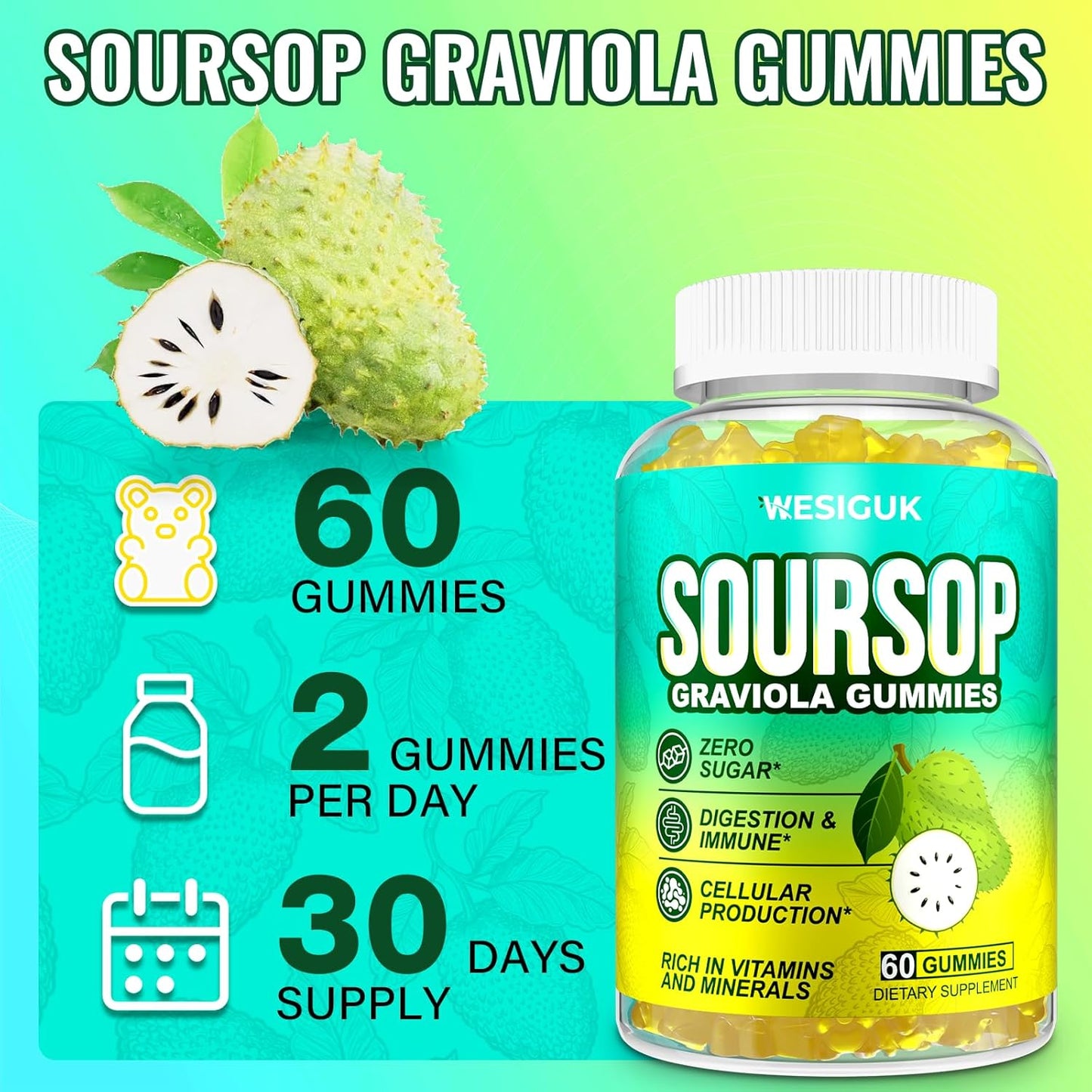 4-Pack Wesiguk Soursop Graviola Gummies with Sea Moss, Turmeric - Max Strength for Immunity & Antioxidant Support, Vegan & Gluten-Free