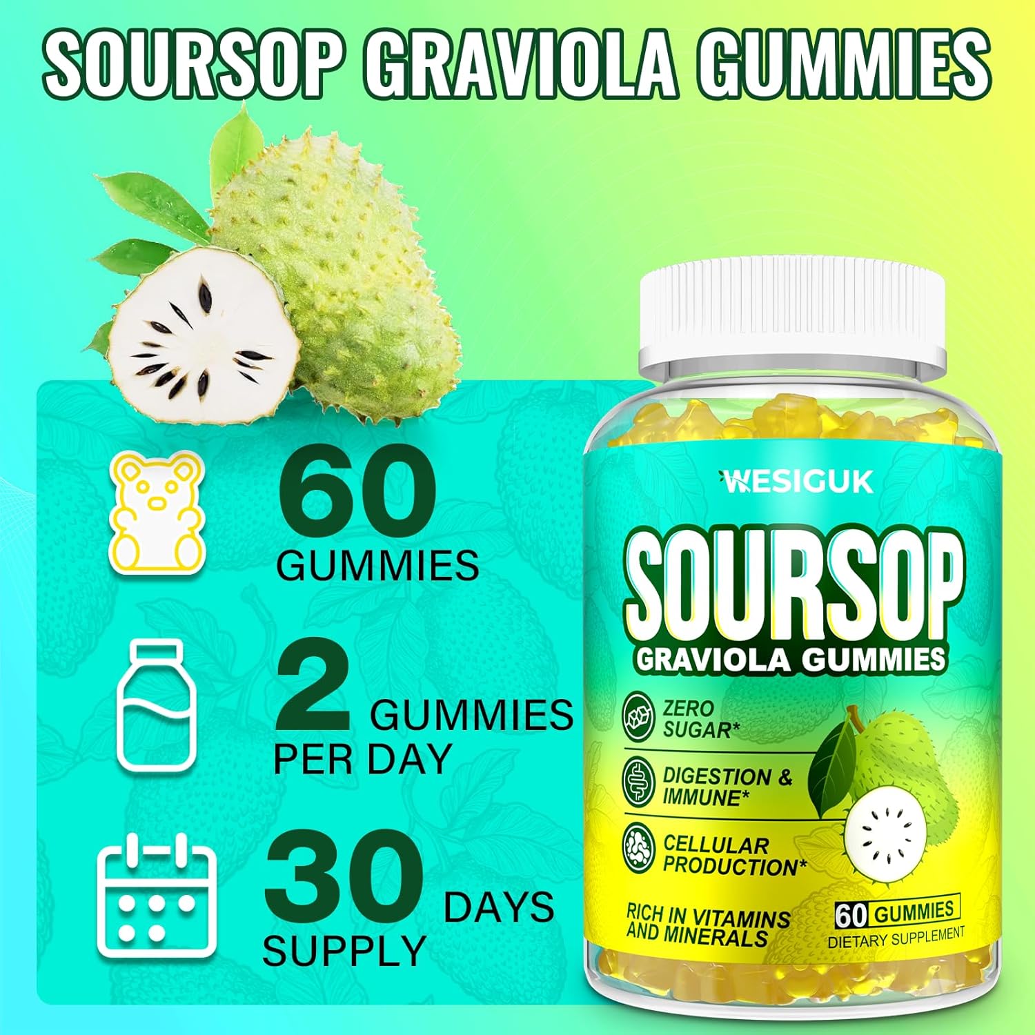 4-Pack Wesiguk Soursop Graviola Gummies with Sea Moss, Turmeric - Max Strength for Immunity & Antioxidant Support, Vegan & Gluten-Free