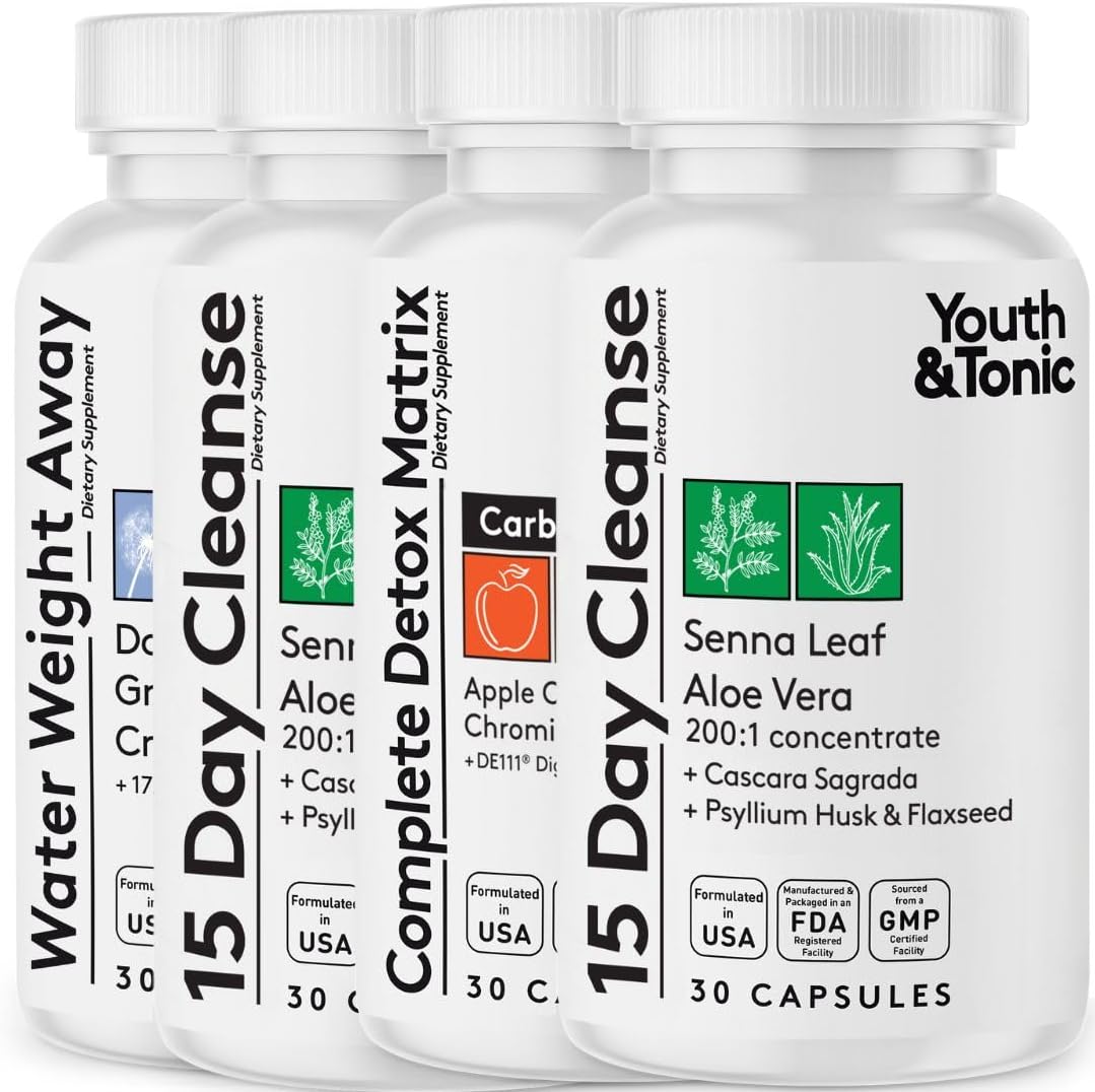 4 Pack Youth & Tonic Detox Cleanse for Weight Management & Colon Cleansing with Apple Cider Vinegar, Senna Leaf, Glucomannan, Chromium, Probiotic - 120 Pills