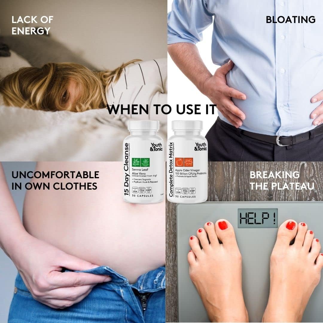 4 Pack Youth & Tonic Detox Cleanse for Weight Management & Colon Cleansing with Apple Cider Vinegar, Senna Leaf, Glucomannan, Chromium, Probiotic - 120 Pills