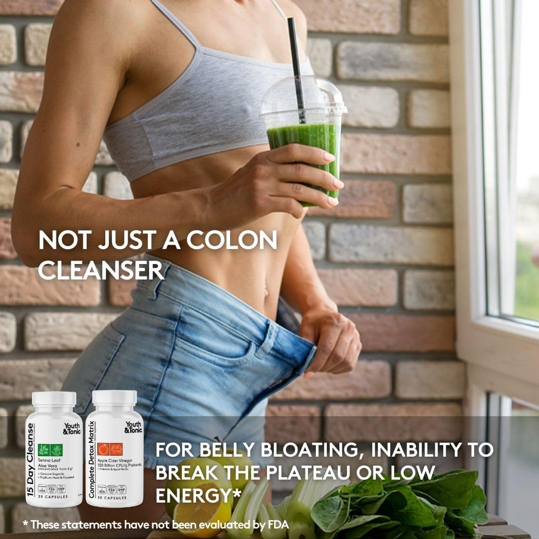 4 Pack Youth & Tonic Detox Cleanse for Weight Management & Colon Cleansing with Apple Cider Vinegar, Senna Leaf, Glucomannan, Chromium, Probiotic - 120 Pills