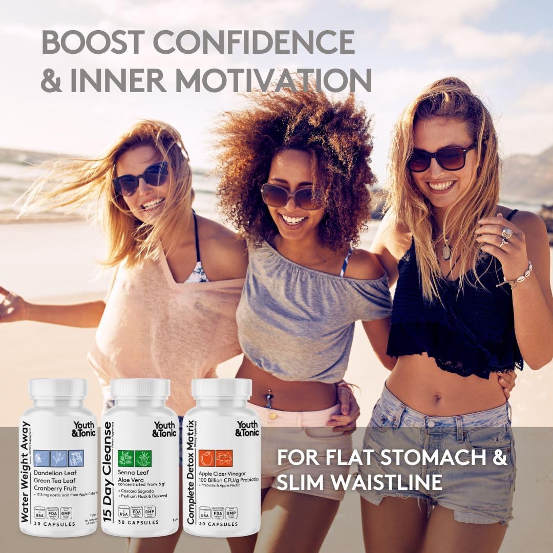 4 Pack Youth & Tonic Detox Cleanse for Weight Management & Colon Cleansing with Apple Cider Vinegar, Senna Leaf, Glucomannan, Chromium, Probiotic - 120 Pills