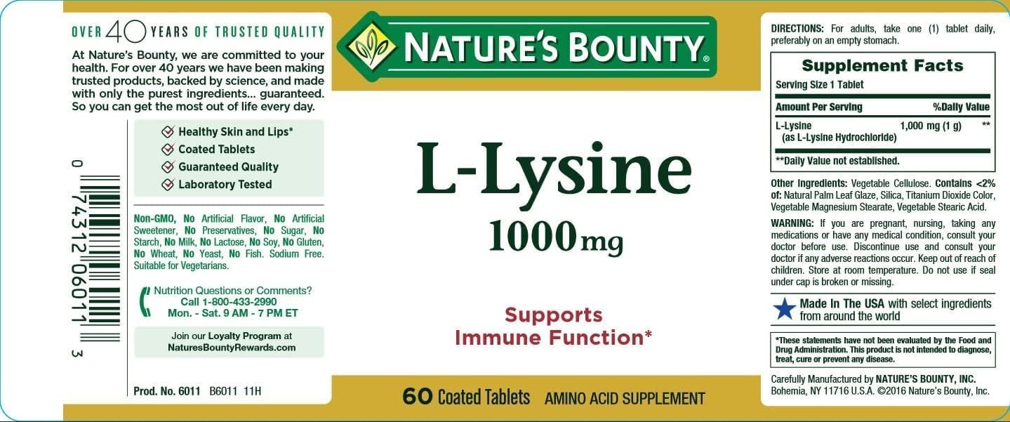 4 Packs of Nature's Bounty L-Lysine 1000 mg Tablets - 240 Count in Total