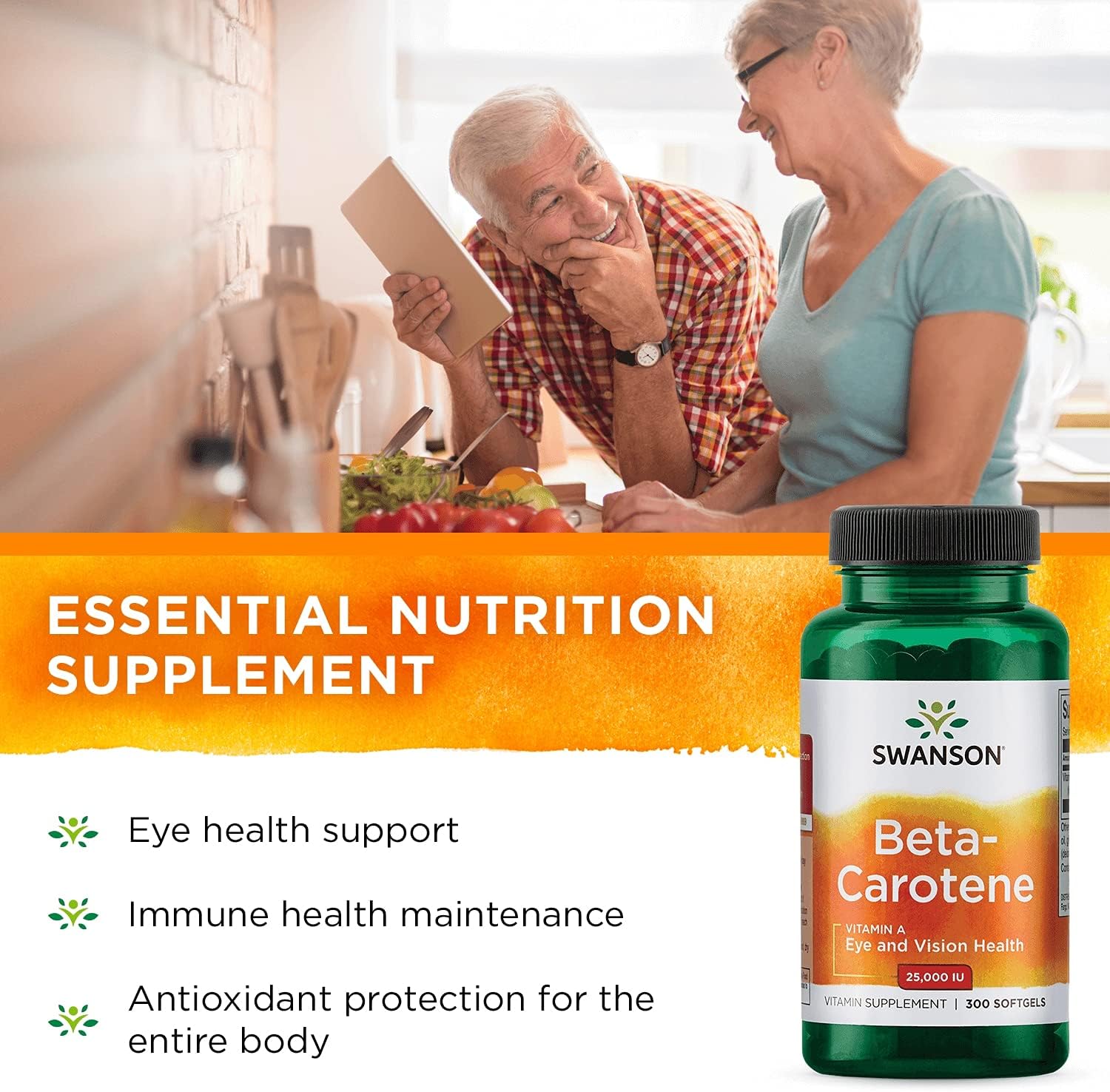 4 Packs of Swanson Beta-Carotene Vitamin A 25000 IU Softgels for Skin, Eye, and Immune System Health - Antioxidant Support - 300 Softgels in Each Pack