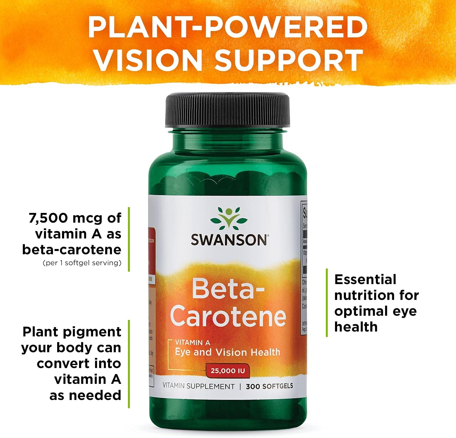4 Packs of Swanson Beta-Carotene Vitamin A 25000 IU Softgels for Skin, Eye, and Immune System Health - Antioxidant Support - 300 Softgels in Each Pack