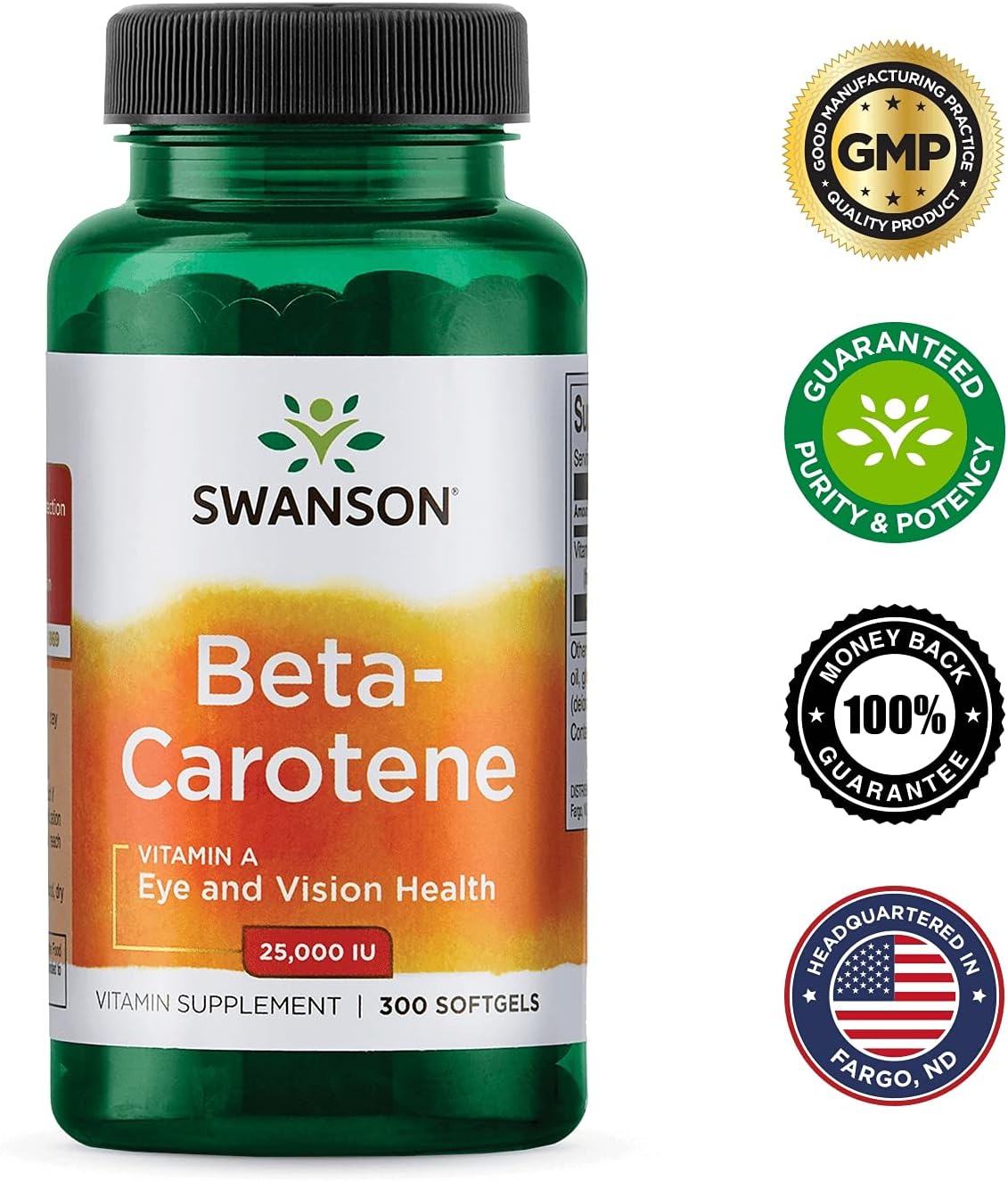 4 Packs of Swanson Beta-Carotene Vitamin A 25000 IU Softgels for Skin, Eye, and Immune System Health - Antioxidant Support - 300 Softgels in Each Pack