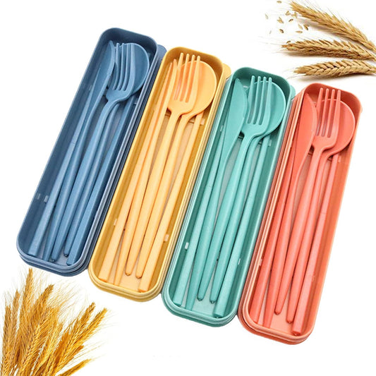 4 Sets of NANQUAN Onetwothree Portable Wheat Straw Cutlery - Reusable Spoon, Fork, and Chopsticks - Perfect for Holidays, Picnics, and Travel - Includes Storage Box - 4 Colors