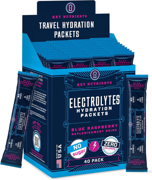 40 Pack Blue Raspberry Electrolyte Powder Packets for Hydration - Made in USA, No Sugar, Gluten Free