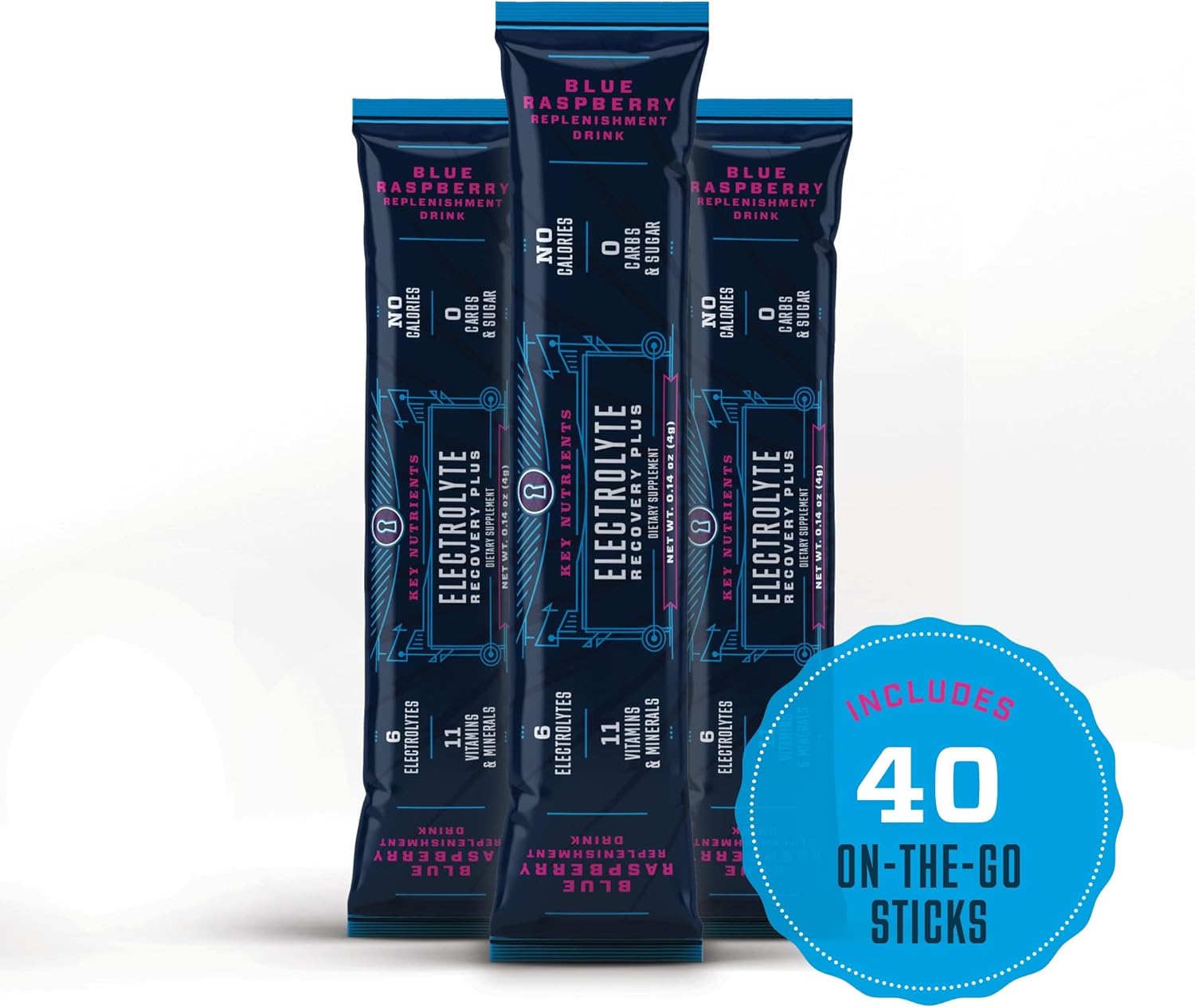 40 Pack Blue Raspberry Electrolyte Powder Packets for Hydration - Made in USA, No Sugar, Gluten Free
