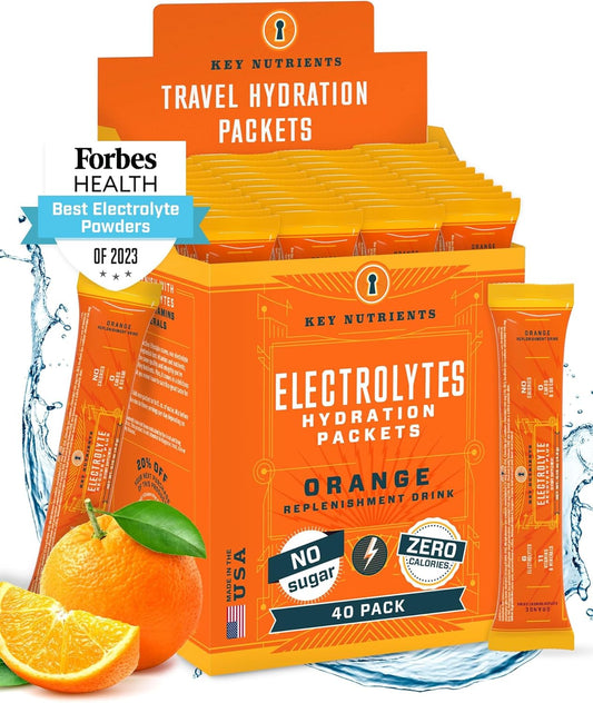 40 Pack Tangy Orange Electrolyte Powder Packets for Hydration - Travel Size, Made in USA, Sugar-Free, Calorie-Free, Gluten-Free