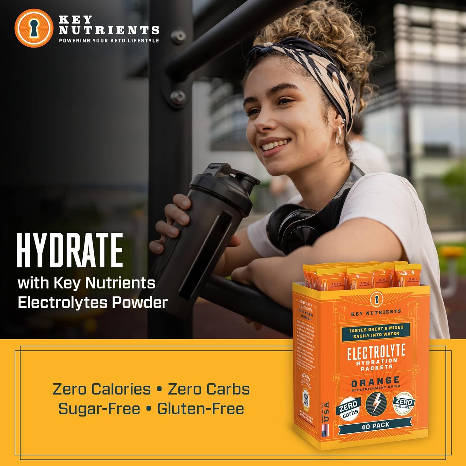 40 Pack Tangy Orange Electrolyte Powder Packets for Hydration - Travel Size, Made in USA, Sugar-Free, Calorie-Free, Gluten-Free