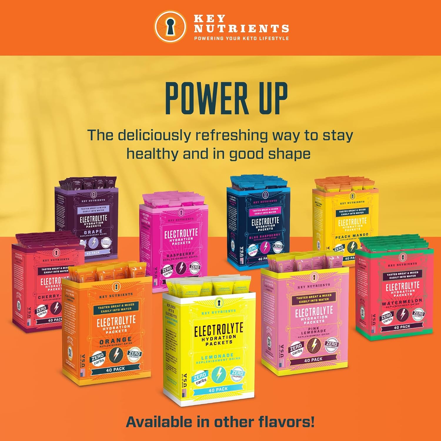 40 Pack Tangy Orange Electrolyte Powder Packets for Hydration - Travel Size, Made in USA, Sugar-Free, Calorie-Free, Gluten-Free