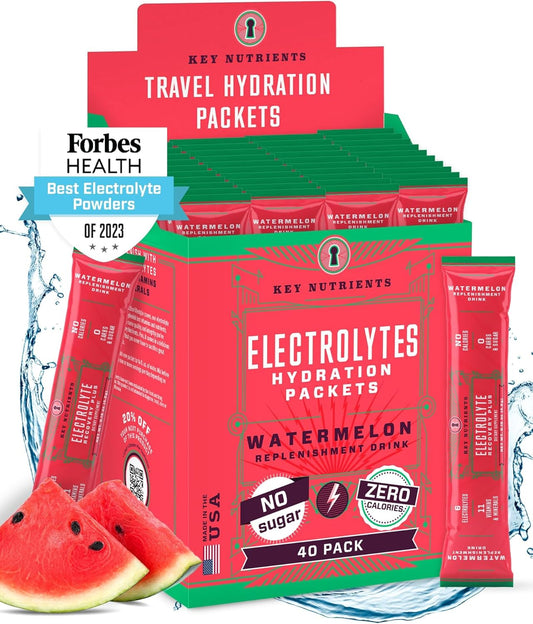 40 Pack Watermelon Electrolyte Powder Packets for Hydration - Travel Size, Made in USA - Sugar-Free, Calorie-Free, Gluten-Free