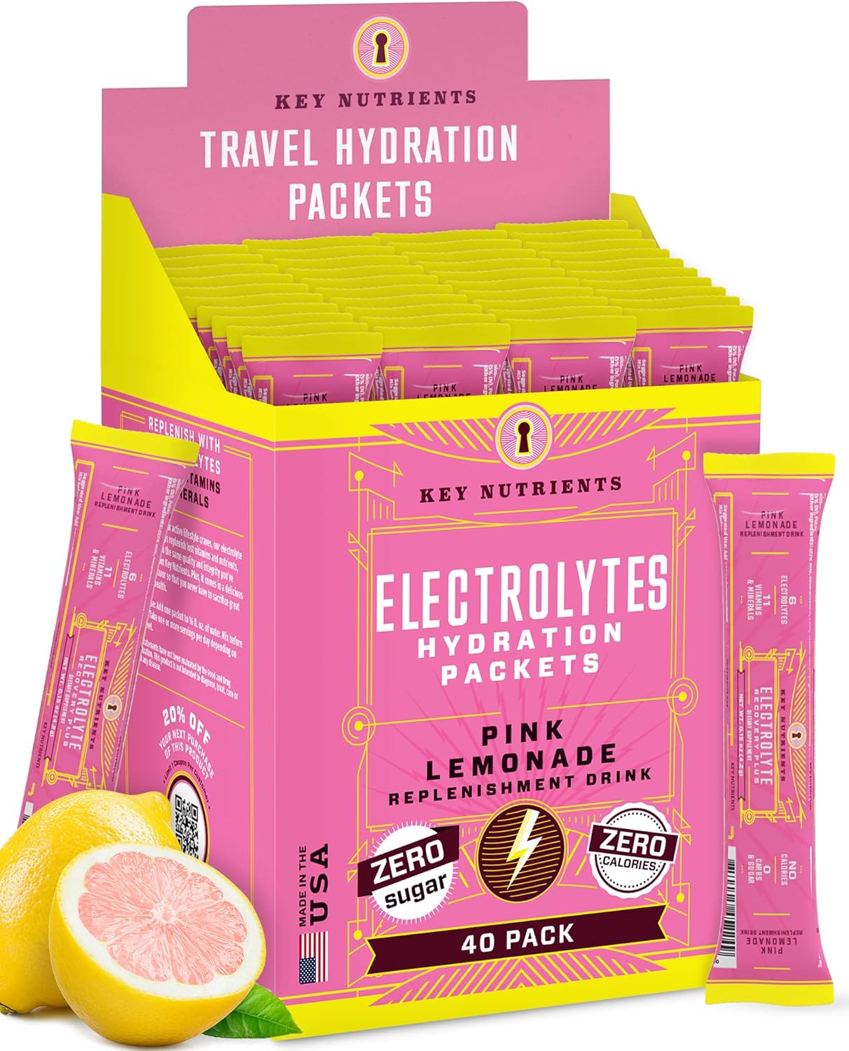 40 Packets of KEY NUTRIENTS Electrolytes Powder in Fresh Pink Lemonade Flavor - Travel-Friendly Hydration Powder with No Sugar, No Calories - Gluten Free - Made in USA