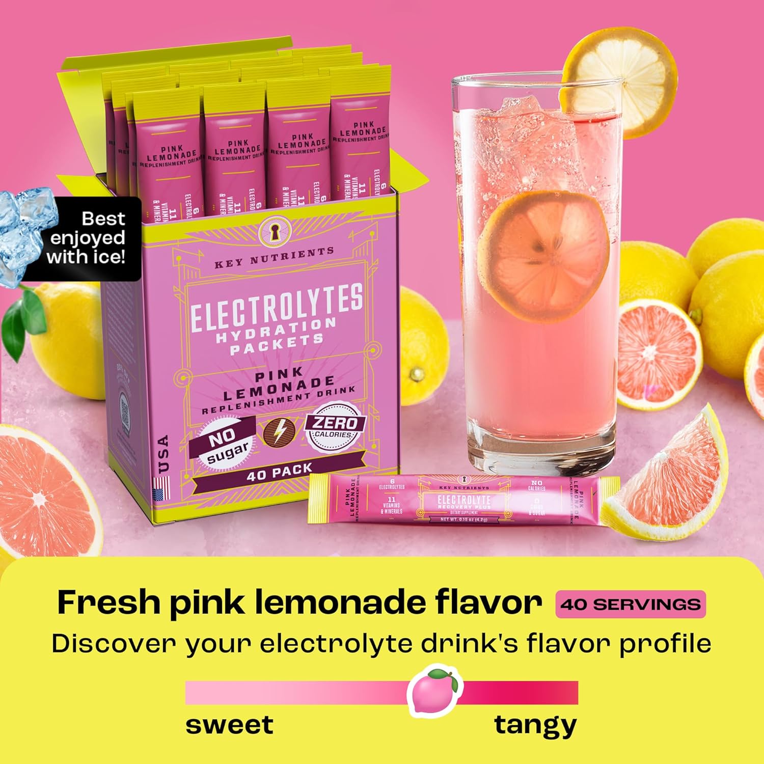 40 Packets of KEY NUTRIENTS Electrolytes Powder in Fresh Pink Lemonade Flavor - Travel-Friendly Hydration Powder with No Sugar, No Calories - Gluten Free - Made in USA