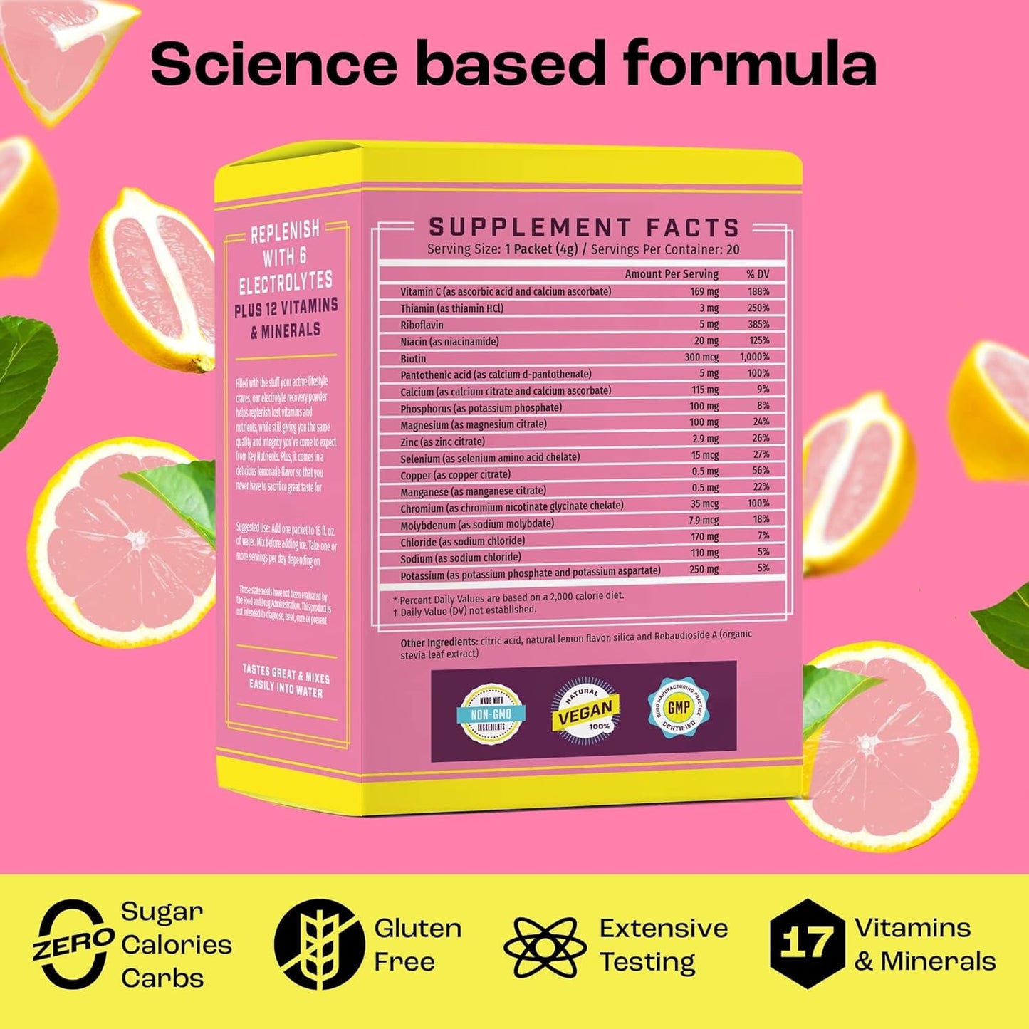 40 Packets of KEY NUTRIENTS Electrolytes Powder in Fresh Pink Lemonade Flavor - Travel-Friendly Hydration Powder with No Sugar, No Calories - Gluten Free - Made in USA
