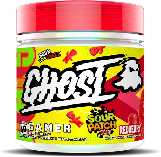 40 Servings GHOST Gamer Energy & Focus Formula, Sour Patch Kids Redberry Flavor - Vegan & Gluten-Free Nootropic with Natural Caffeine for Attention & Reaction Time