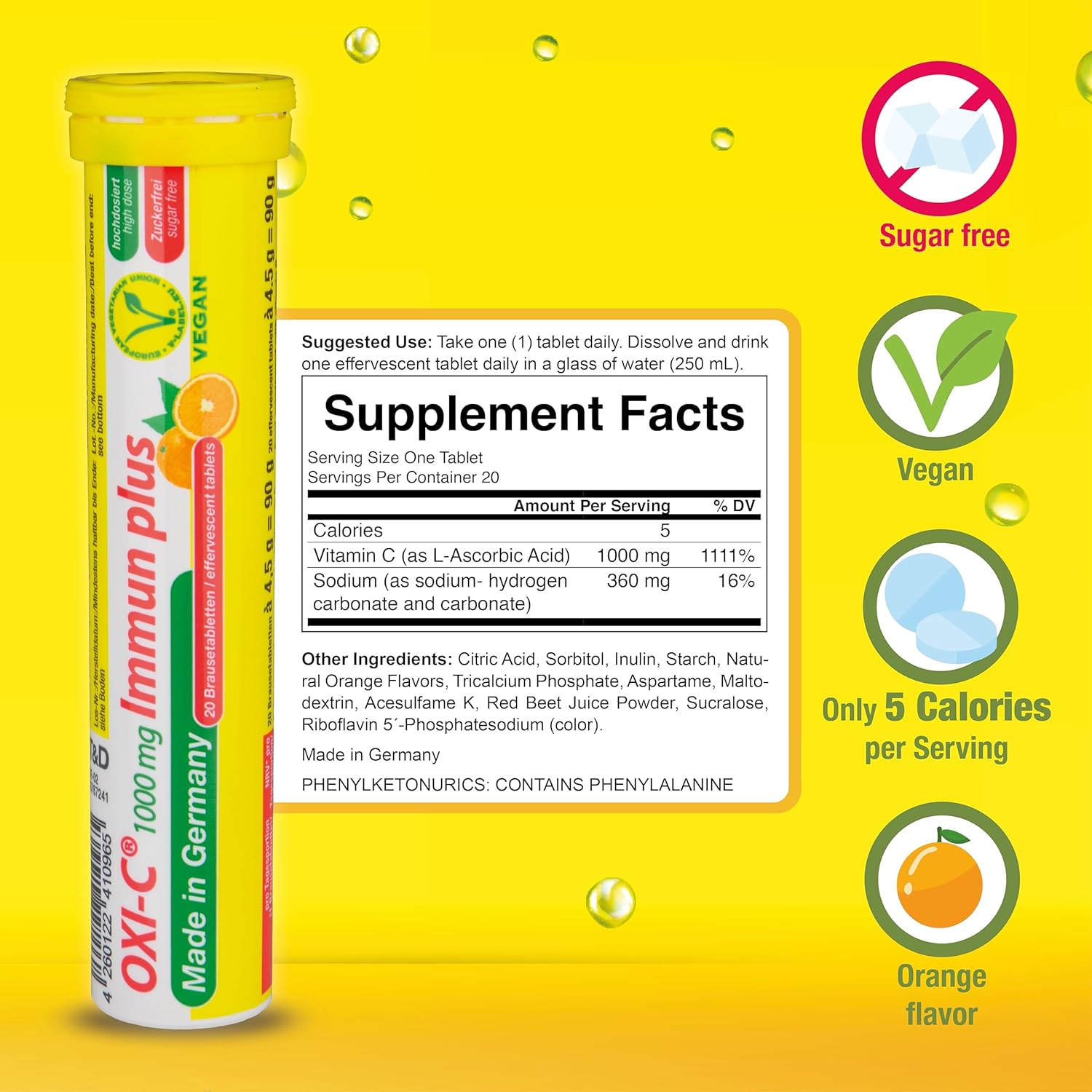 40 Vegan Orange Flavored Effervescent Vitamin C Tablets 1000mg - Made in Germany