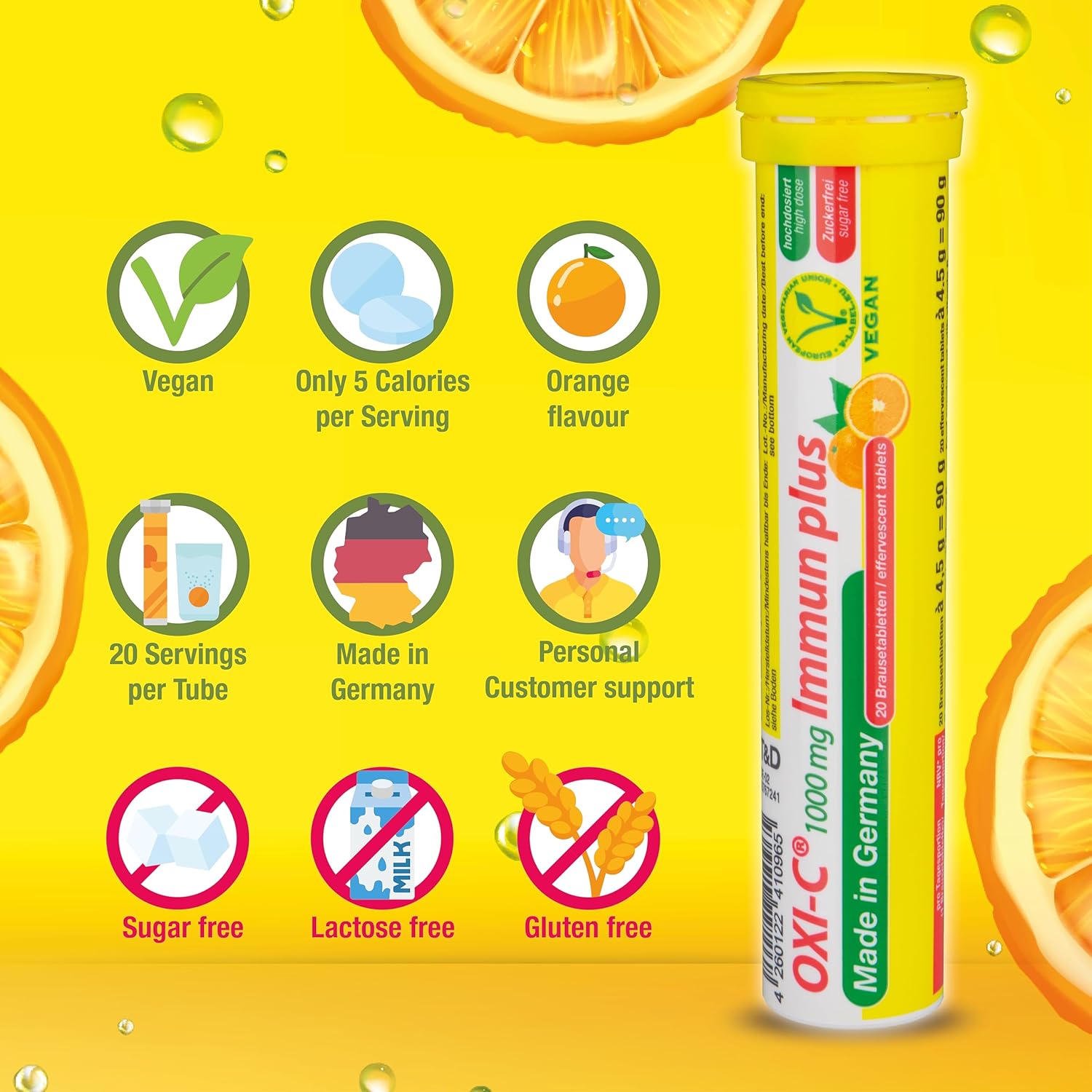 40 Vegan Orange Flavored Effervescent Vitamin C Tablets 1000mg - Made in Germany