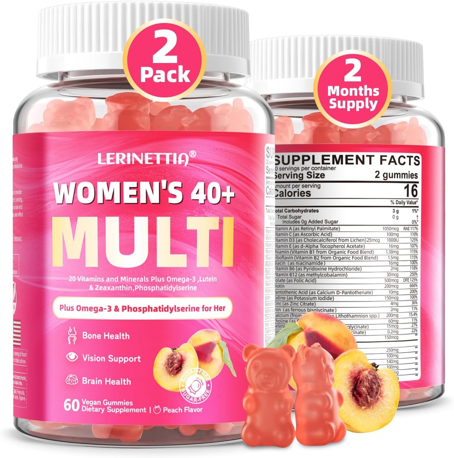 40+ Women's Multivitamin Gummies with Omega-3, B-Complex, and Vitamin D3 - Vegan, Sugar-Free, 120 Count