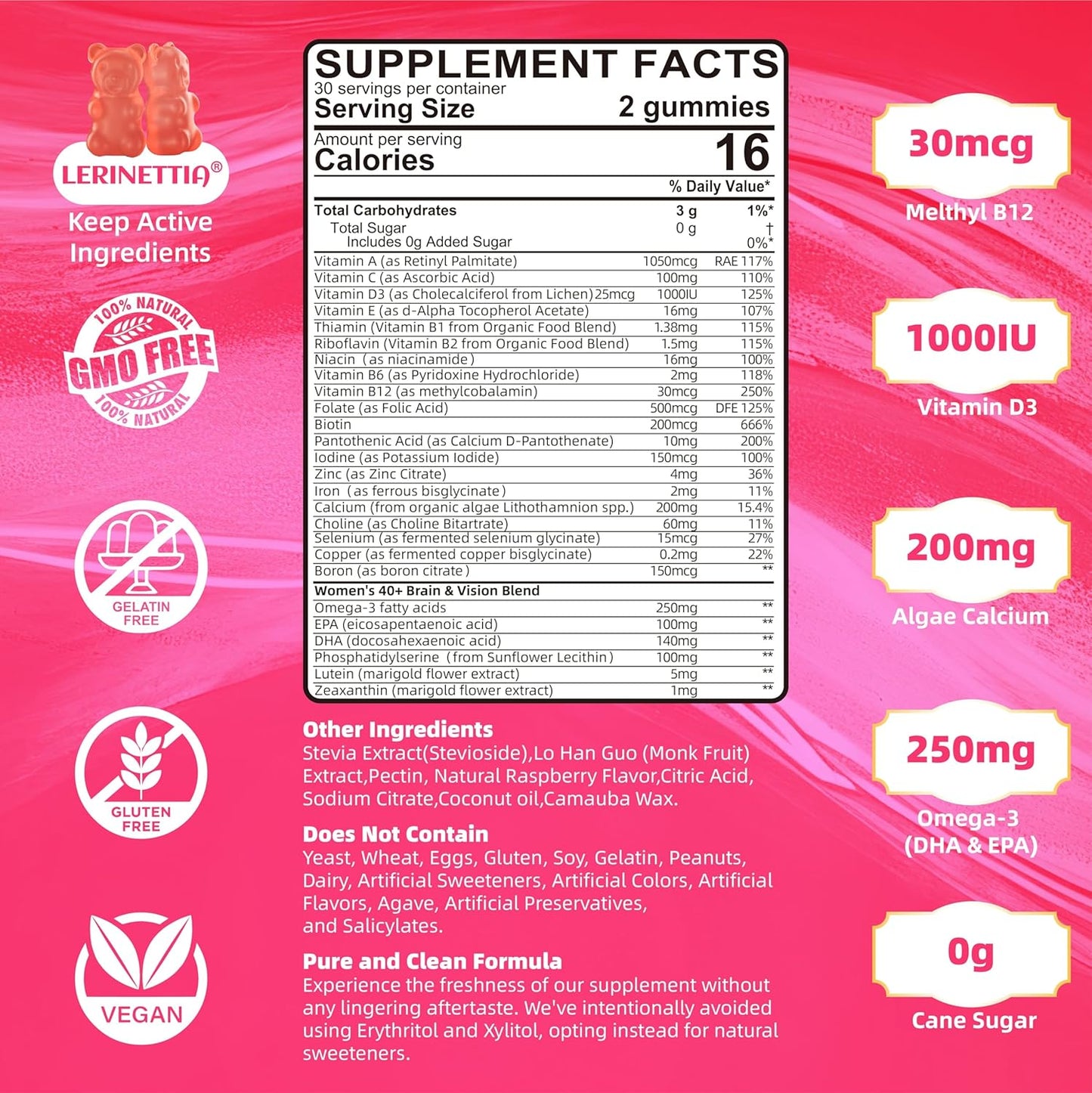 40+ Women's Multivitamin Gummies with Omega-3, B-Complex, and Vitamin D3 - Vegan, Sugar-Free, 120 Count
