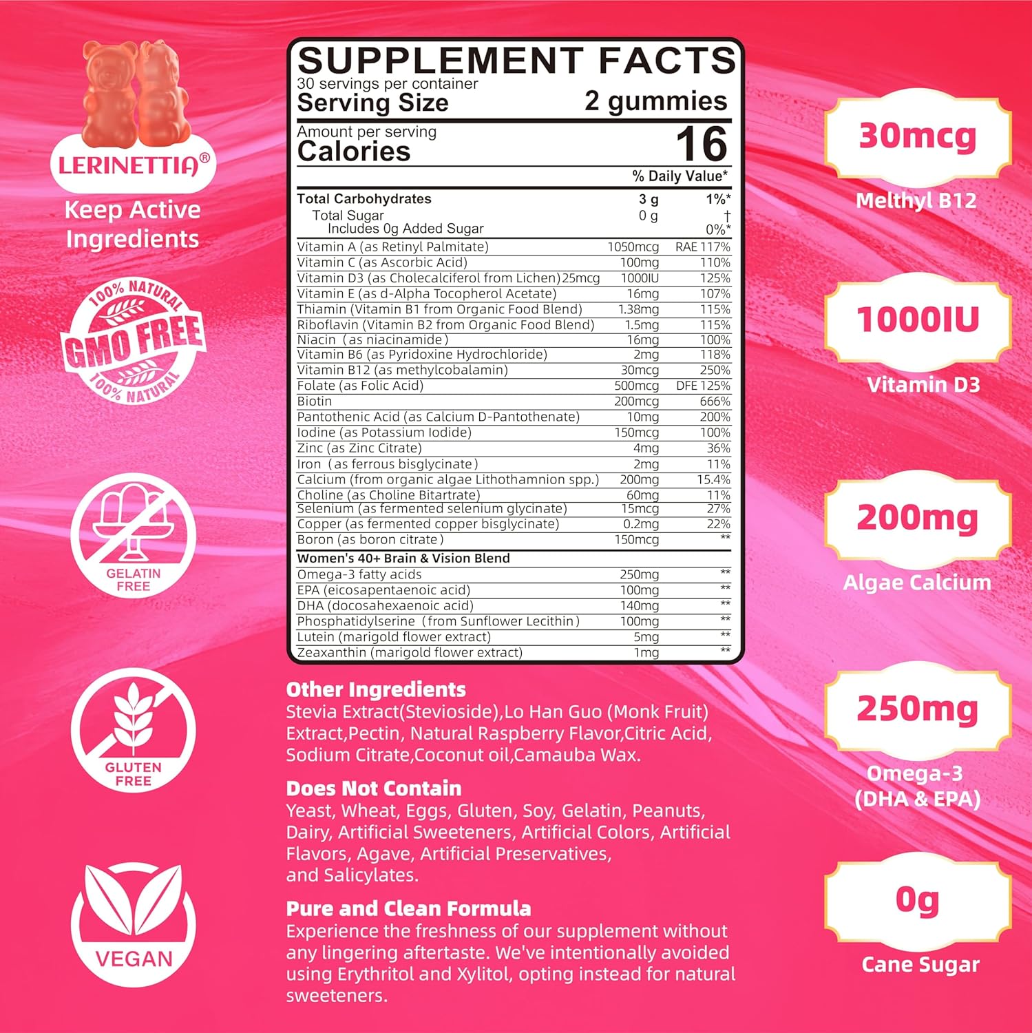 40+ Women's Multivitamin Gummies with Omega-3, B-Complex, and Vitamin D3 - Vegan, Sugar-Free, 120 Count