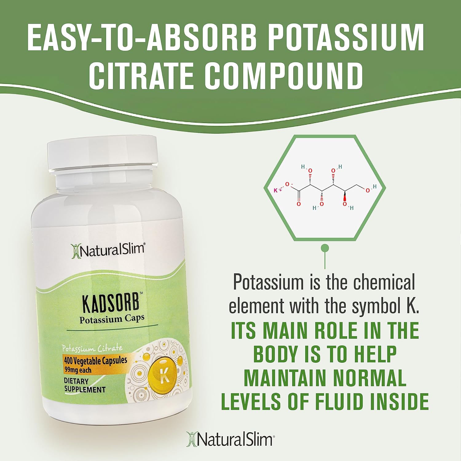 400 Capsules of RelaxSlim Natural Potassium Citrate Gluconate 99mg - Kadsorb for Electrolyte Balance - Non GMO Essential Mineral Supplement Pack