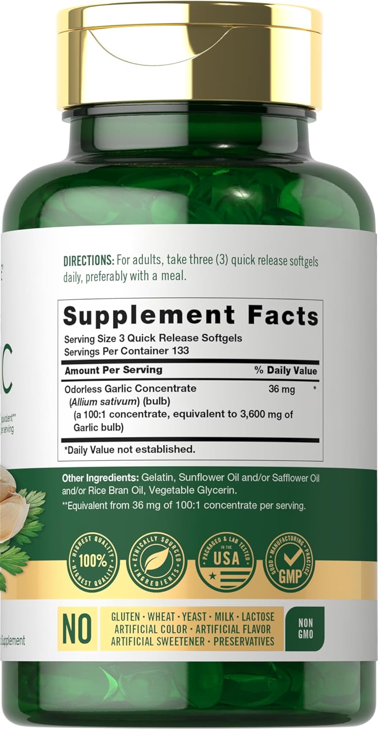 400 Count Carlyle Odorless Garlic Softgels - 3600 mg Allium Sativum Bulb Supplement, Non GMO, Gluten Free