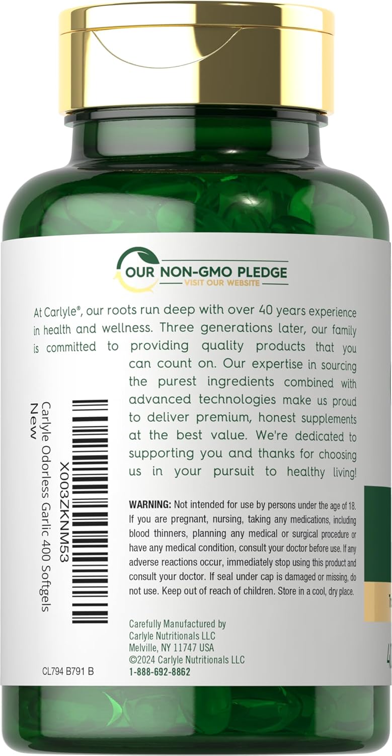 400 Count Carlyle Odorless Garlic Softgels - 3600 mg Allium Sativum Bulb Supplement, Non GMO, Gluten Free
